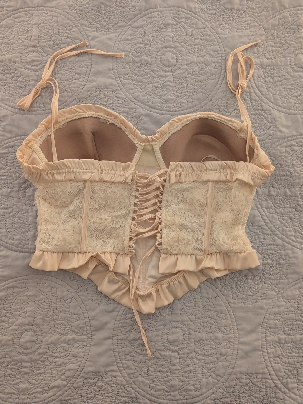 SHEIN Lace Ruffle Tie-Strap Corset Top - Cream - Picture 4 of 5